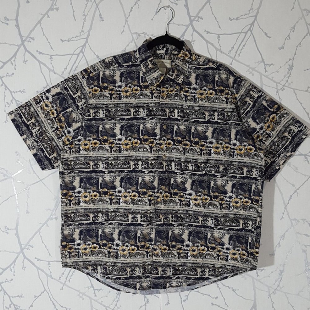 Crossings Abstract Floral Geometric Printed Button Front Short Sleeve Shirt